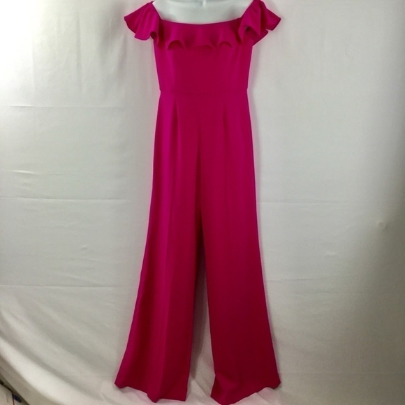JAYGODFREY Pink Ruffle Off-the-Shoulder Jumpsuit Size 4 - Picture 3 of 8